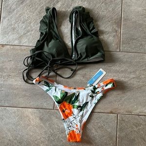 Olive and Floral Ruffle Lace Up Bikini